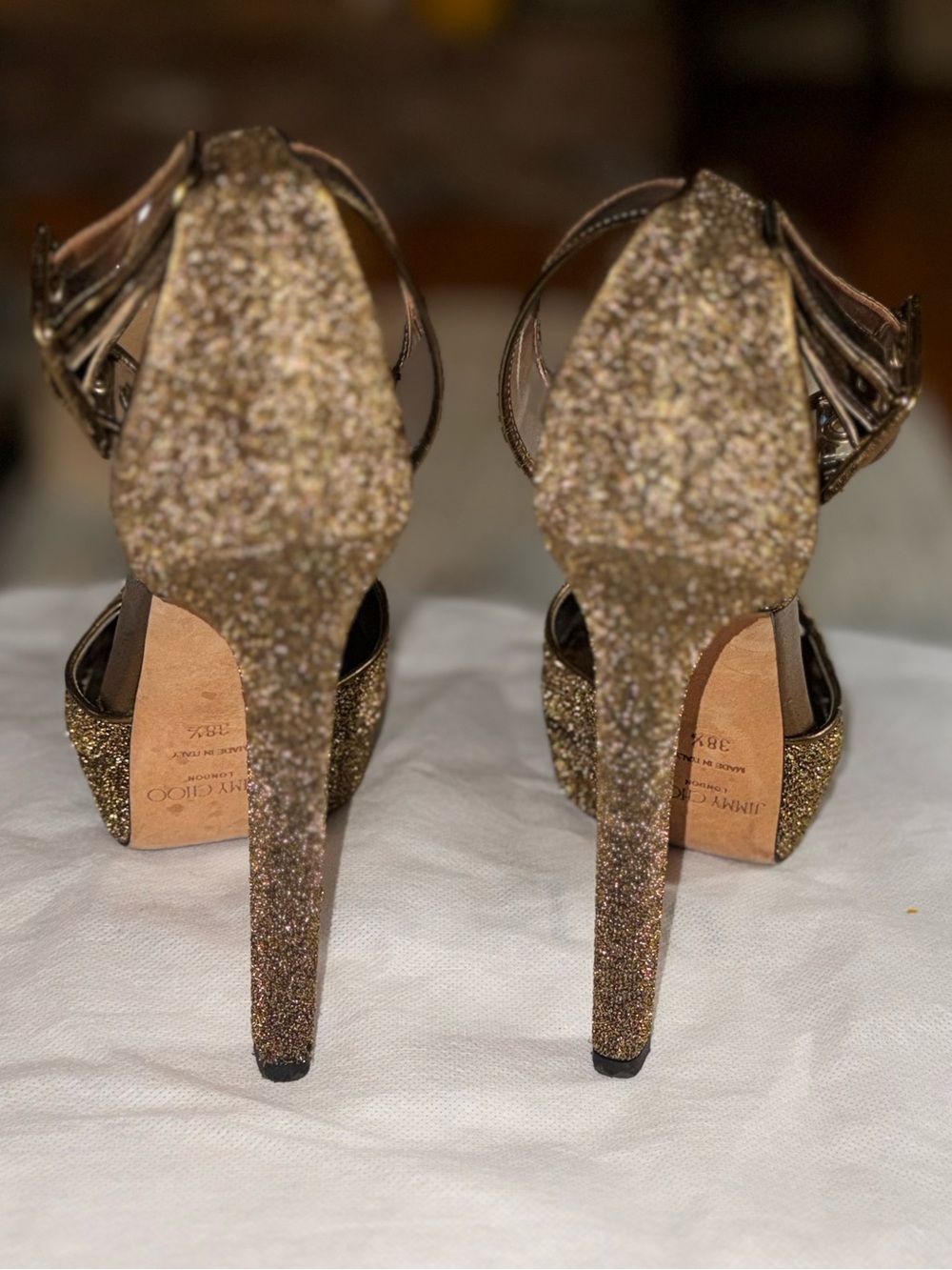 Jimmy Choo Gold Glitter Platform Ankle-Strap Heels - Picture 6 of 11
